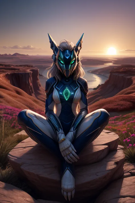 VintageSketch style, YFG-Zaat, An android woman with flowing silver hair and a porcelain mask sits cross-legged on the edge of a cliff, overlooking a desolate alien planet.  Her minimalist white attire, accented with glowing silver circuitry, blends seamle...