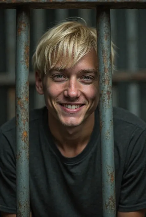 Smiling 19 years old boy with straight eminem blond hair behind prison bars