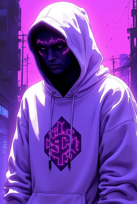 A digital art illustration of a hooded figure in a futuristic, urban setting. The figure wears a white hoodie with a distinct geometric symbol on the front, the color is neon purple, and the face is obscured by shadows. The background is an abstract, urban...