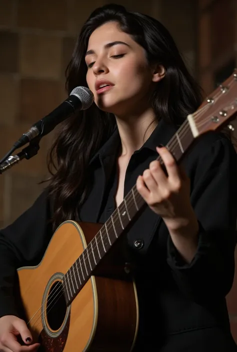 young woman, black hair, in black Jacket, playing guitar, singing, photograph, detailed 