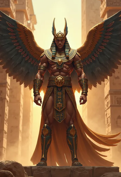 Crie um general, man, high, strong, full armor, based on ra, Egyptian, bird wings , full body armor