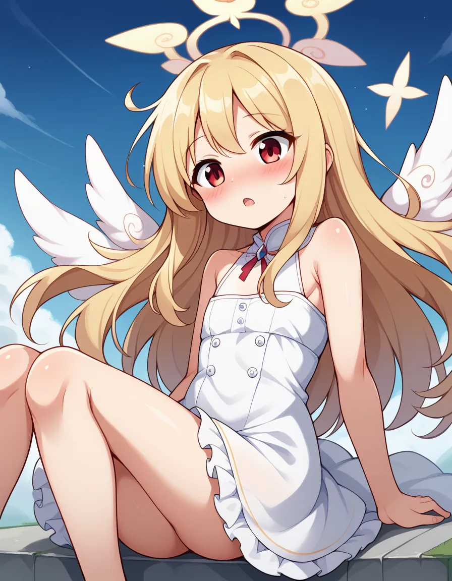 1girl, solo, long hair, blonde hair, red eyes, flat chest, dress bare shoulders hot , frills, open mouth, blush, halo, angel wings, blue sky, legs all legs score_9, score_7_up,
