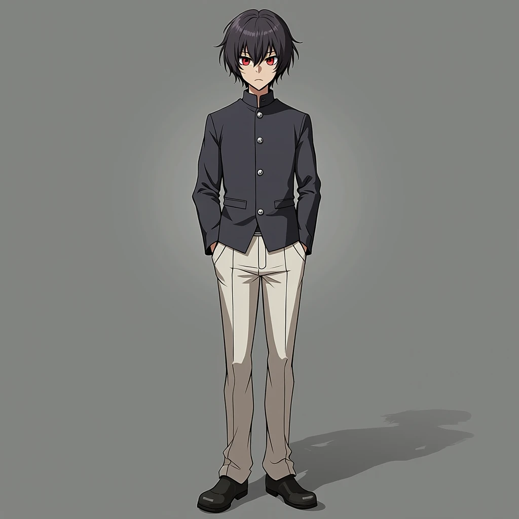 anime guy, dark black hair, dark red eyes, dark blue school jacket, white school pants,black shoes, anime style, He stands tall, he stands tall,anime,the  hair covers the ears,anime