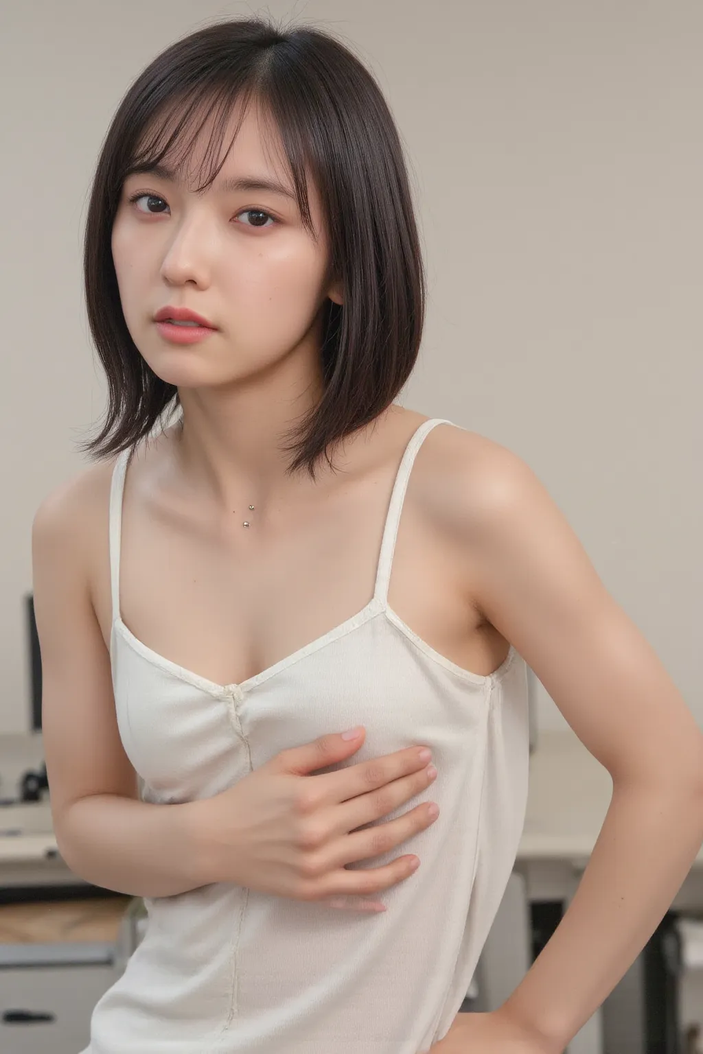 A girl is trying to take off her shirt in the company office, ((nipple, nsfw, {{nipple piercing}}, orgasm, {portrait}, best quality, very aesthetic)), The inside of the shirt is naked, A gentle expression looking at the camera.  (( Empty Expressions , holl...