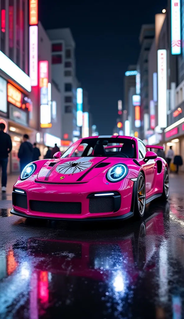 Porsche in Tokyo, personalized with the Spider-Woman Gwen theme,  in the colors pink ,  white and black details , Big spider symbol on the hood. Inspired by Spider-Woman Gwen's Noctrage, neon ink, electromagnets as wheels, lightning wheels, Add details,  n...