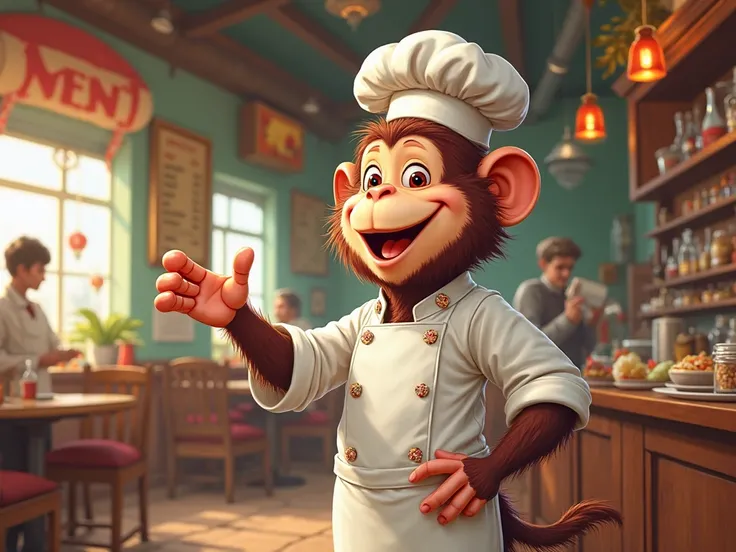 Make an image that says SimioLoco and that has a pretty monkey that owns a food restaurant