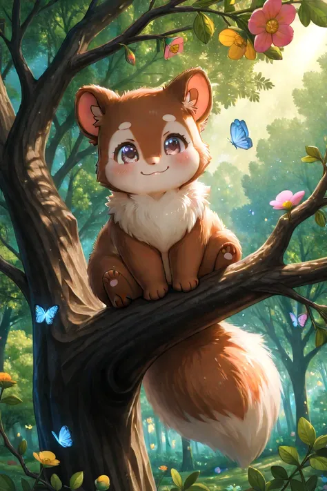 A cute, fluffy squirrel named Melly with bright, curious eyes and a bushy tail, sitting on a tree branch. She has a warm, friendly smile. The background is a lush, colorful forest garden with tall trees, blooming flowers, and butterflies flying around. The...