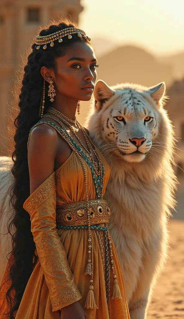 *"A regal and mysterious Arab woman stands next to an ethereal Tigre-de-Bali. Her eyes are a deep amber, glowing with wisdom and strength. She has dark, long hair styled in intricate braids, adorned with gold and jewel-studded pins. Her skin is a rich oliv...