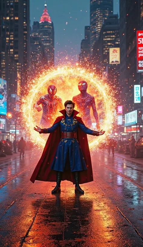 "Doctor Strange stands with a powerful stance, having just opened a glowing, mystical portal behind him. In his hands, he holds an enormous firework, its bright sparks illuminating the surroundings. The firework features a stunning painting of Doctor Stran...