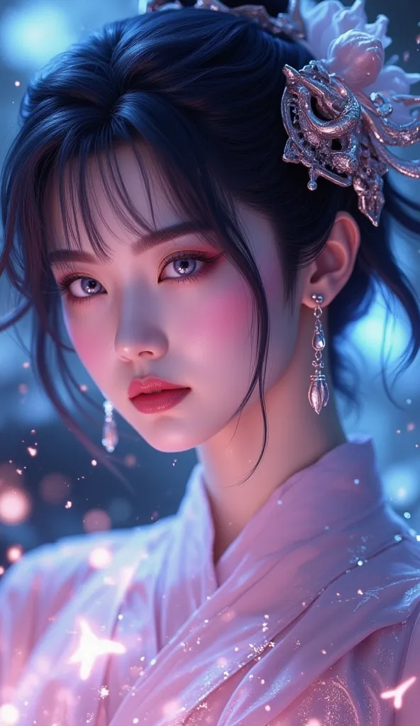  A Beautiful young woman, white eyes, dark blue hair, bangs, wearing pink clothes, tiny seashell earrings , royalty, ethereal beauty extremely detailed face and eyes, intricate details, high quality, photorealistic, dramatic lighting, cinematic, fantasy, e...