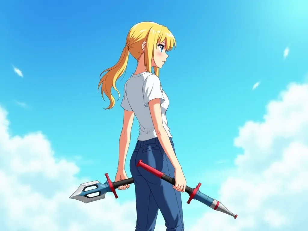  Anime style. Anime girl 25 years old blonde. Girl against the blue sky. She's wearing pants and a t-shirt. girl in profile. full length girl. She runs forward and turns around. He holds a lot of magic weapons in his hands. The girl is shocked . she's scar...