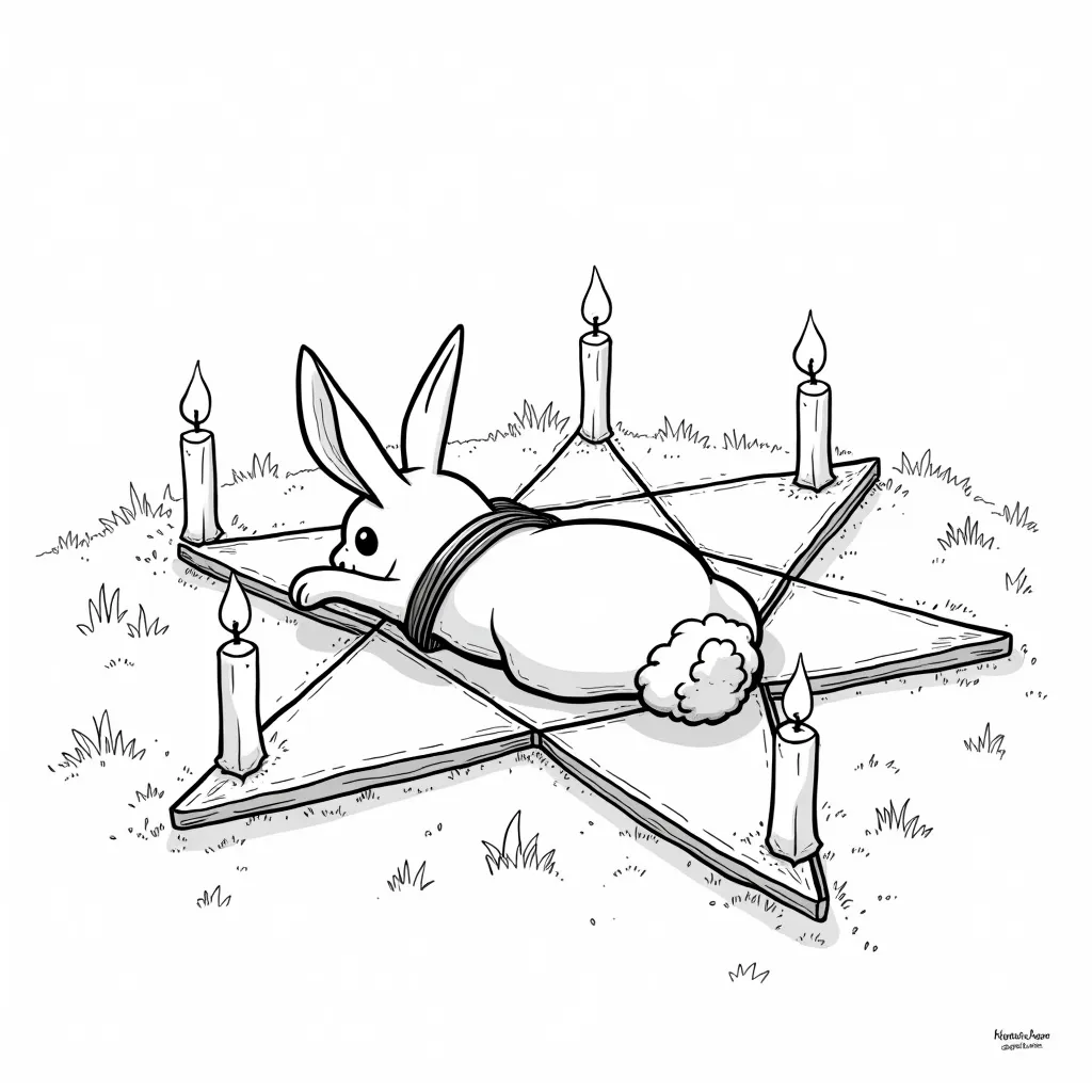 "Draw a black-and-white cartoon scene featuring an anthropomorphic rabbit tied up and lying in the center of a pentagram drawn on the ground. Surround the pentagram with five lit candles, evenly spaced at the star's points. The setting should be outdoors w...