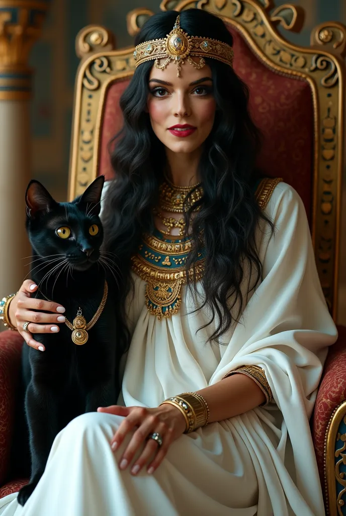 Kleopatra on her throne, a black sphynx cat beside her, close up, egypt mythology, 4k, dark ambient, white clothe, realistic, photorealism