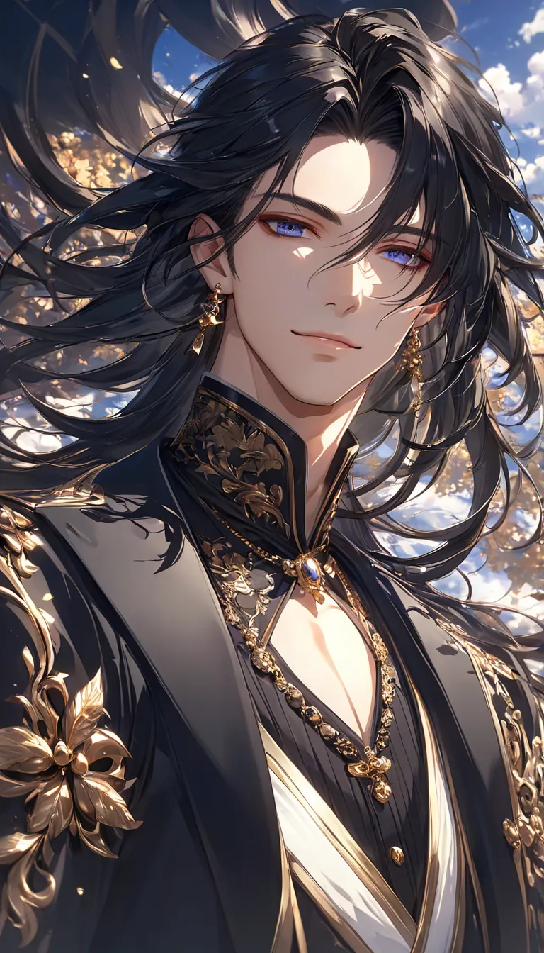  (((Masterpiece))),(((best quality))),A beautiful man with very long black hair and slender face and sharp nose. aristocrat, detailed beautiful face and eyes, elaborately designed clothes, light smile, cinematic angle, dynamic angle, Unreal Engine, HQ, 16K...