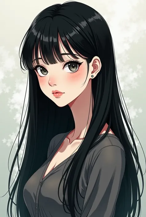 Une belle fille aux long cheveux noir lisse et yeux gris au meme style de dessin que le manwha "Bad Thinking Diary"