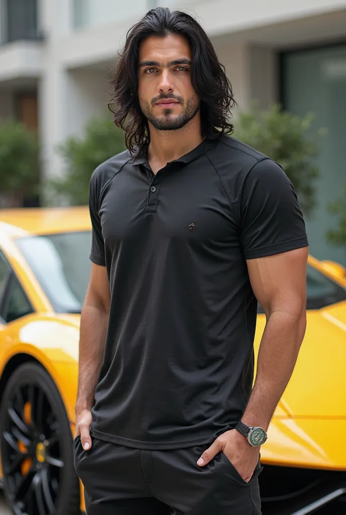 
"A young athletic man with a slightly broad face, long black hair, light skin, and green eyes. He is wearing a sporty outfit and has a small beard. He stands confidently in front of a Lamborghini in an urban setting with a stylish modern background