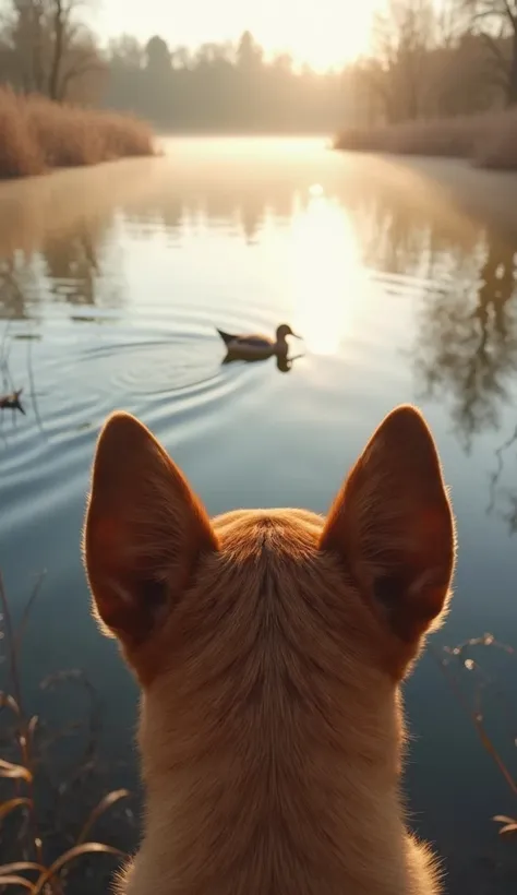 The view ahead is framed by the rounded ears of a caramel-colored dog, their soft texture catching the gentle morning light. The scene unfolds beyond—a serene lake shimmers under the soft glow of dawn, its surface rippling faintly as reeds sway at the wate...