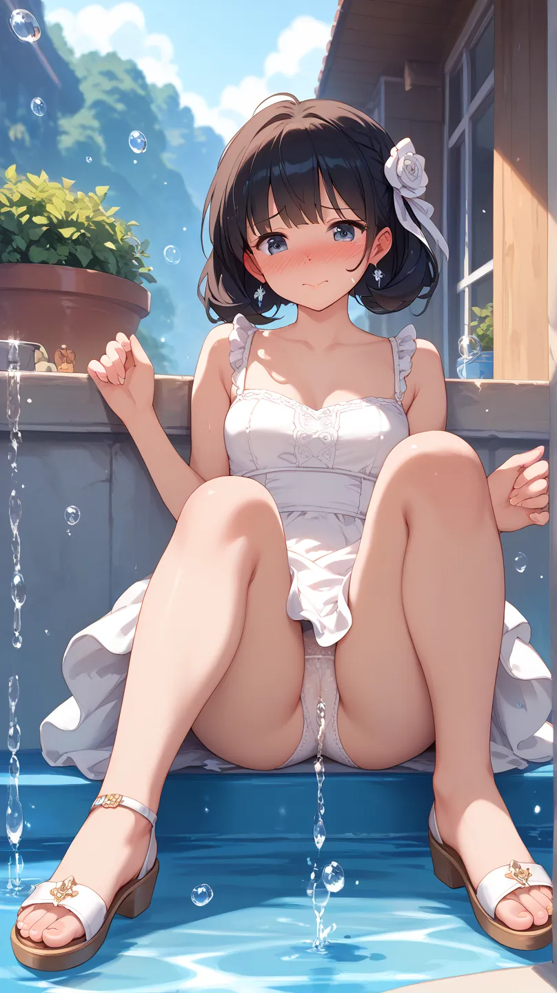 embarrassed face、upskirt、amazing thighs、  my feet are wet、beautiful young woman、full body、white dress、hiny skirt with open legs、is sitting、 anime style