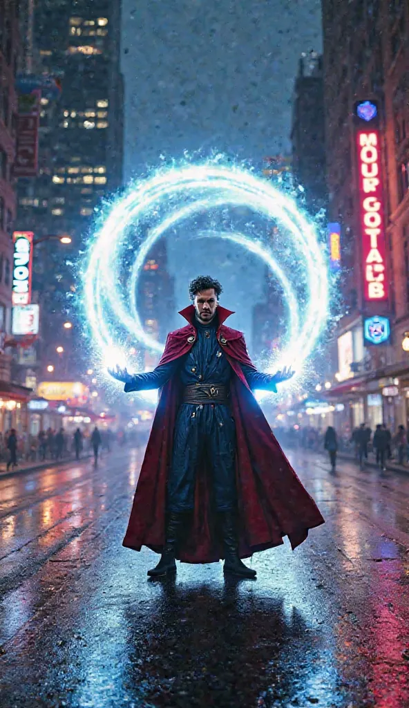 "Doctor Strange stands with a powerful stance as a glowing, mystical portal swirls behind him, casting an ethereal light. His Cloak of Levitation flows gently, and his hands radiate magical energy. The background showcases a vibrant urban setting with towe...