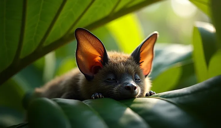 Roosting in a Tree**
"A Hawaiian Hoary Bat roosting in the foliage of a native Hawaiian tree, partially hidden under large green leaves, with sunlight peeking through the canopy."