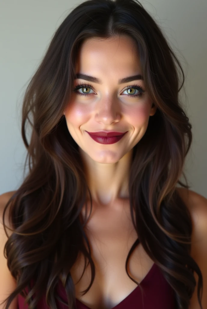 A gorgeous dark brown hair girl with beautiful green eyes who is Italian and American she has a straight long hair she is wearing minimalistic makeup but she has burgundy lipstick on her lips and she is really gorgeous she is smiling and her her eyebrows a...