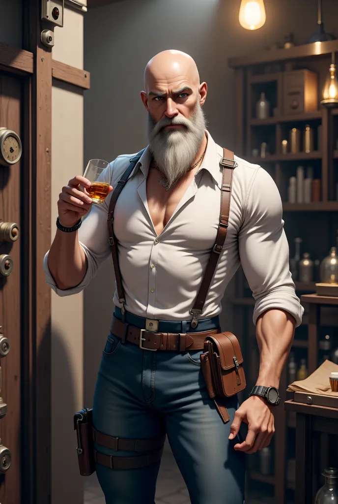 Badass 54-year-old Steampunk with bald and a long, white,well-groomed beard, drinking a whiskey