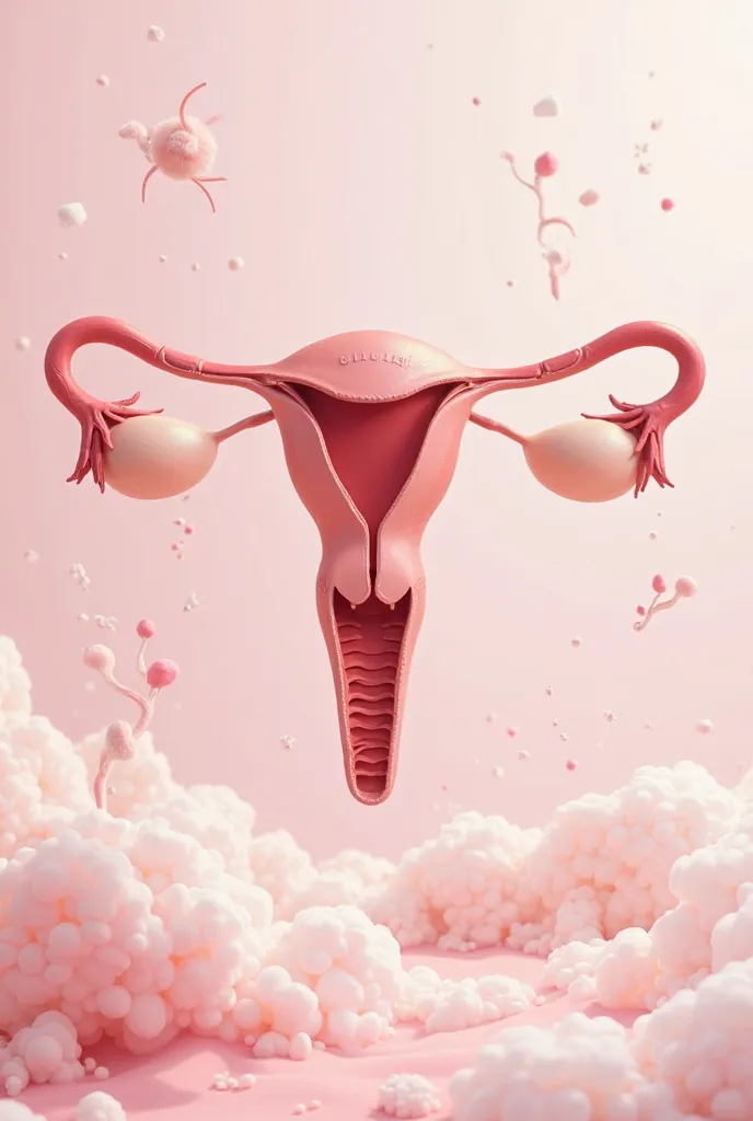 A series of pictures about the menstrual cycle, ovaries and hormones. In pink and white 