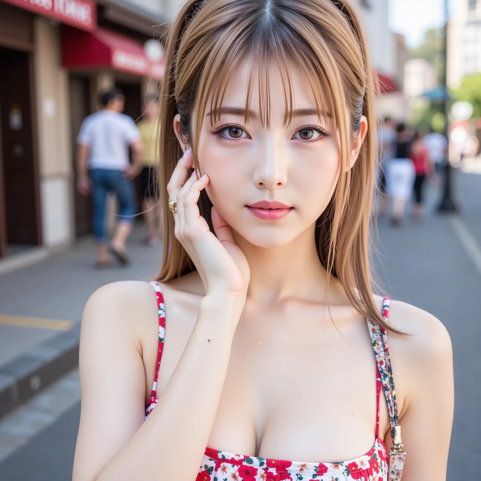 ((8K wallpaper)),((blond hair)),((side ponytail)),((big breasts,Big Breasts)),((dark pink eyeshadow with dark orange lipstick)),(( beautiful Japanese girl)),((Intelligent Glasses)),((street corner background )),((colorful manicure for nails)),((earrings, n...