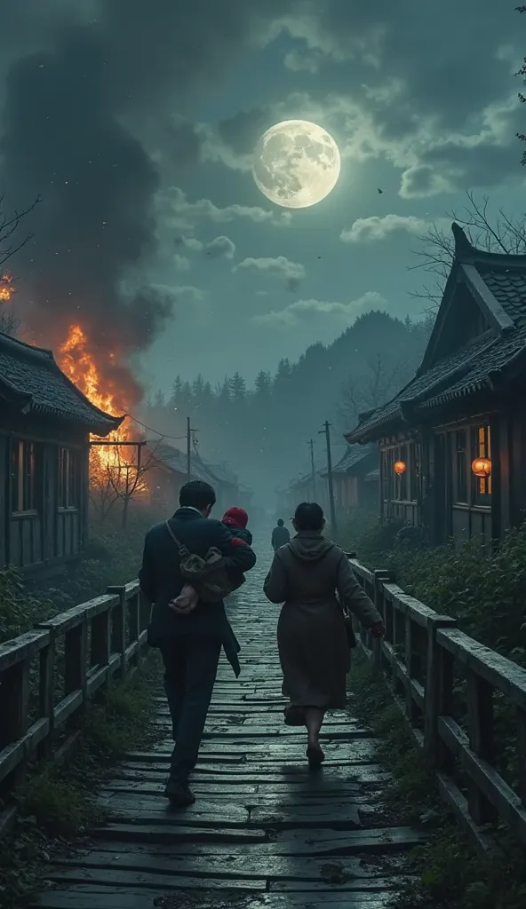 A dark, war-torn Chinese village in the 1940s, with smoke rising from burning houses. A terrified Chinese family—men, women, and ren—running towards an old wooden bridge under the pale moonlight. The father is carrying a small , while the mother clutches a...