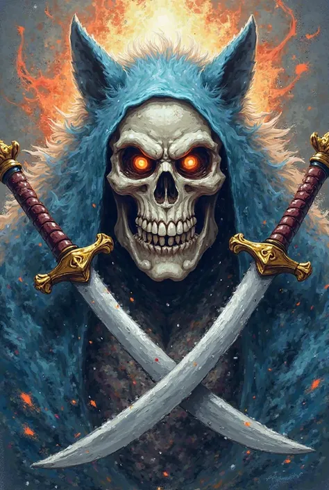 Create a pirate skull in the style of the cartoon One Piece and it has two swords and a wolf spirit behind it