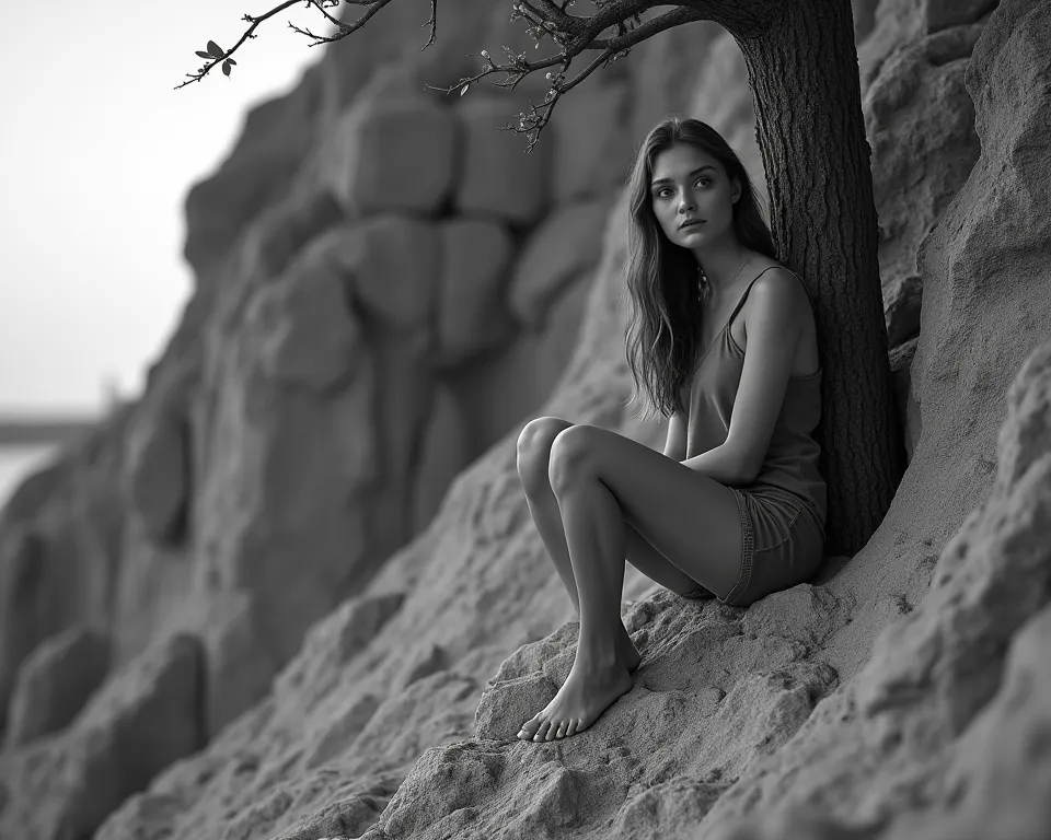 a girl sitting at the edge of a rock where there is a tree behind her black and white phot from a remote area from her side