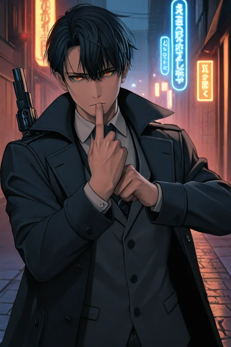 *"A mature male detective, around 25 years old, with short, slightly messy black hair and sharp, intense eyes that exude intelligence and determination. He has a lean but strong build and wears a long, dark detective coat over a fitted yet practical outfit...