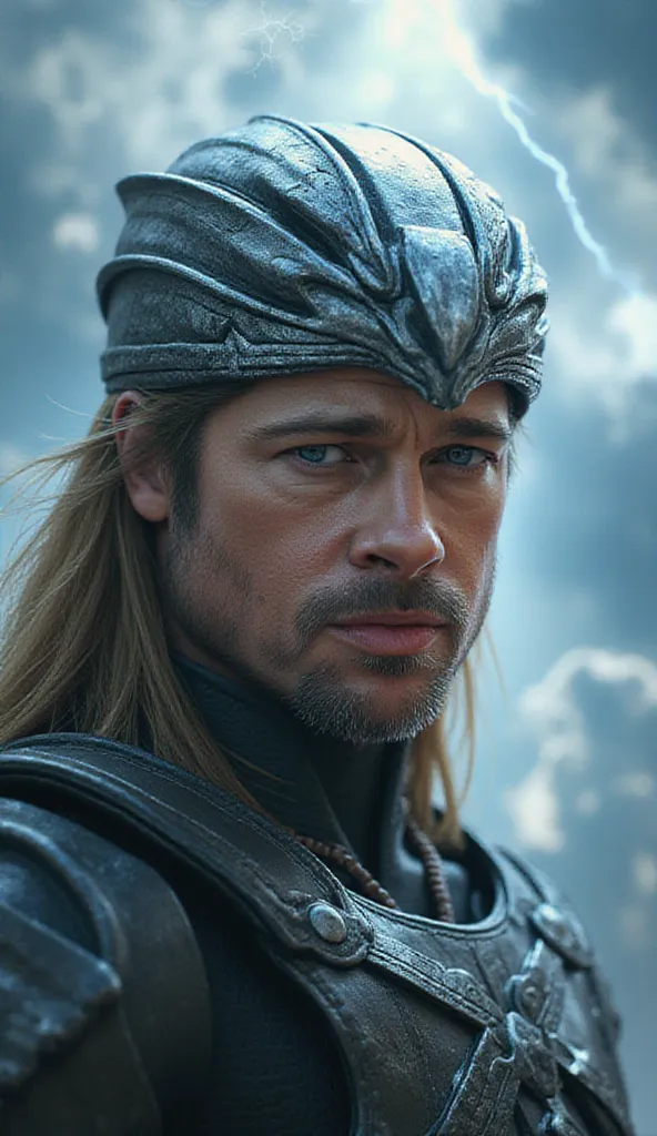 Here is a detailed prompt to generate an image ** super realistic** of Brad Pitt as **Raiden**, focused **only on the face**, with his shiny silver hat and impactful details:  

---  
**"Close-up hiper-realista do rosto of Brad Pitt as Raiden, the god of t...