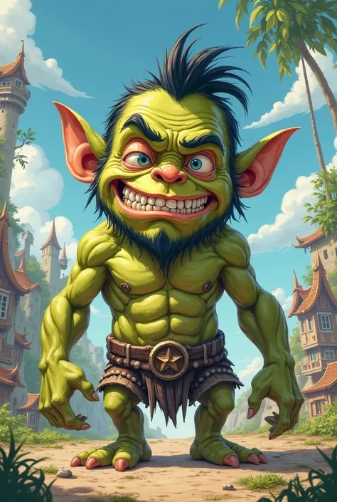 stupid looking orc anime style no muscles wears very stupid expression on his face