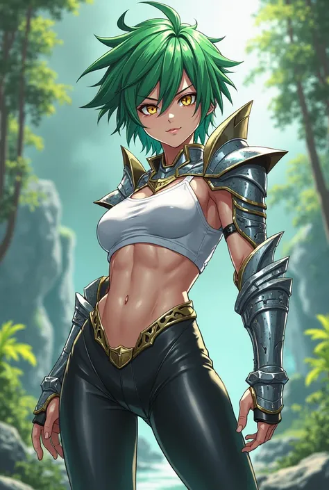 (maximum quality, better quality,  official art , beautiful and aesthetic:1.2) Anime nymph, green spiky hair,  golden eyes, Are your combat training clothes and pants white and black,  Silver Armor.
