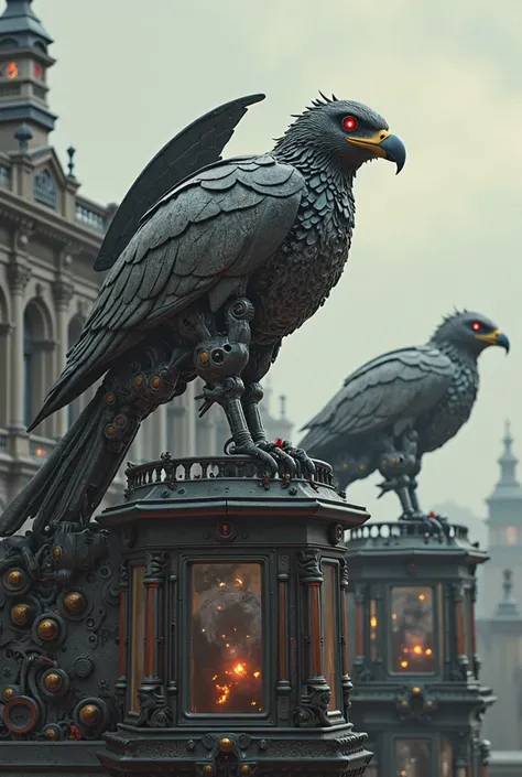 Mechanical falcons with red eyes, big wings and a sharp metal beak. They sit on the roofs of 19th century houses