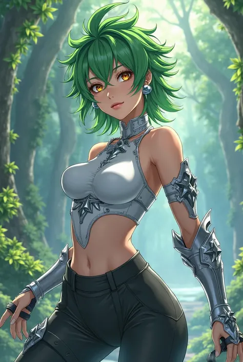 (maximum quality, better quality,  official art , beautiful and aesthetic:1.2) Anime nymph, green spiky hair,  golden eyes, Are your combat training clothes and pants white and black,  Silver Armor.
