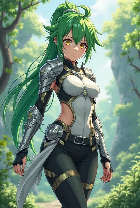 (maximum quality, better quality,  official art , beautiful and aesthetic:1.2) Anime nymph, green spiky hair,  golden eyes, Are your combat training clothes and pants white and black,  Silver Armor.
