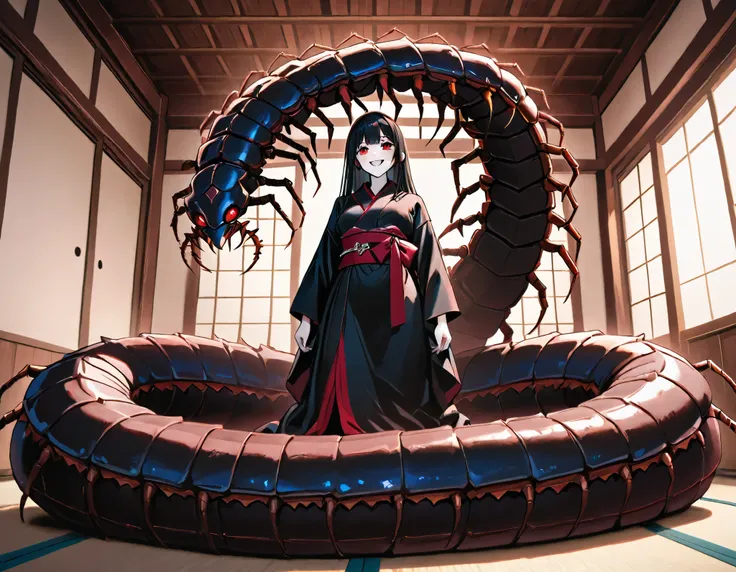 Lamia style girl. Fusion with a centipede. Black centipede body. Red insect legs. giant. Black costume. Japanese kimono dress. Red eyes. Black hair. Straight hair. Neat bangs. Grin. White skin. Japanese house. Indoors. look up.