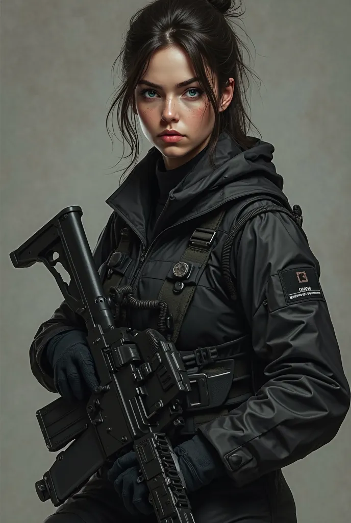 Please create a female soldier in black uniform and tactical gear. She has dark brown hair tied up, light blue irised that looks nearly white. shes around 35 years old and she looks tired and not friendly.