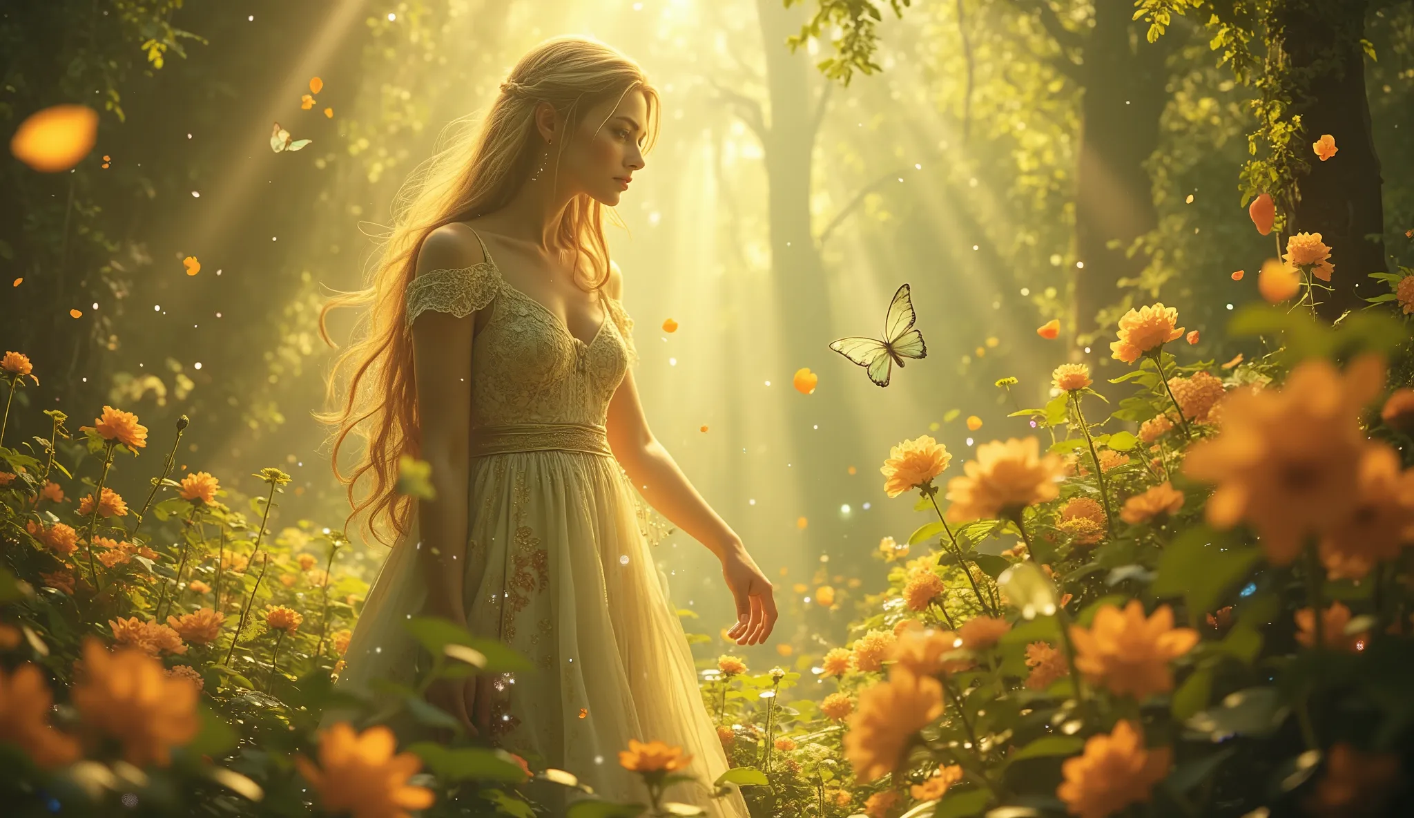 A mystical and magical spring scene bathed in soft golden sunlight, with vibrant blooming flowers and lush greenery. A beautiful elf lady stands gracefully amidst the surreal landscape, her flowing dress adorned with intricate floral patterns. She has long...