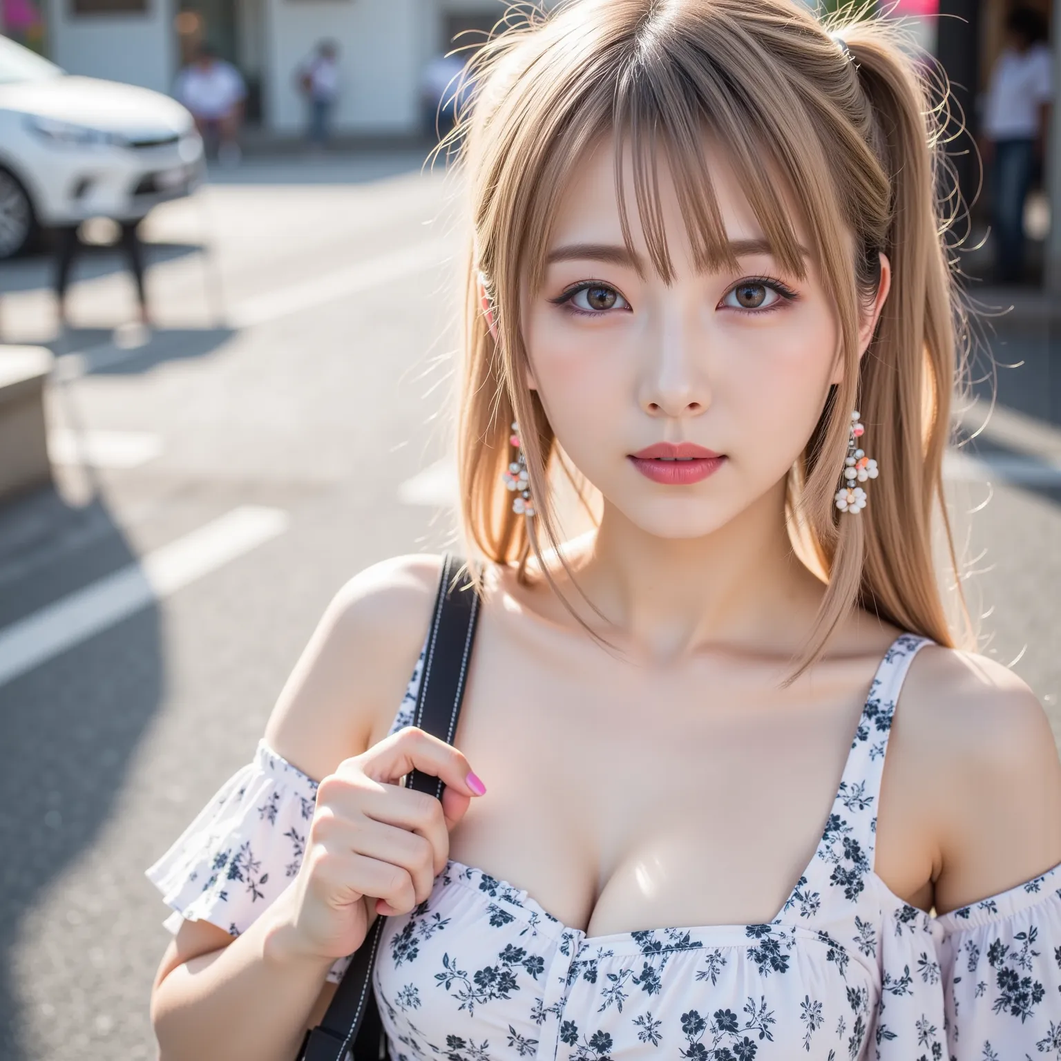 ((8K wallpaper)),((blond hair)),((side ponytail)),((big breasts,Big Breasts)),((dark pink eyeshadow with dark orange lipstick)),(( beautiful Japanese girl)),((Intelligent Glasses)),((street corner background )),((colorful manicure for nails)),((earrings, n...