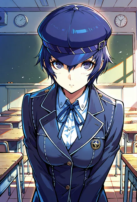 (masterwork, masterpiece, best quality, hyper-detailed :1.2),
1 girl, solo, cute face,
p4naoto, shirogane naoto, blue hair, short hair, androgynous, cabbie hat, medium breasts,
School, schoolgirl uniform, 1girl, solo, classroom