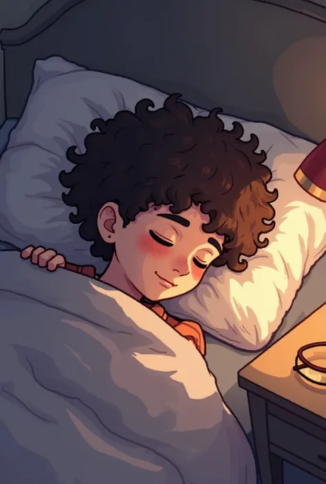 Make a brown age boy, with medium curly hair, sleeping in your bed, Show only his head together with the blanket that he is wrapped, On his side make a small table with his gold-colored glasses, Make the picture in the Pixel Light Novel game style