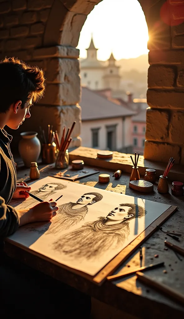 "An ultra-realistic scene in 4K, captured in first person , showing a Renaissance artist drawing detailed sketches in a large art book. Your hands hold a charcoal pencil, tracing classic portraits with realistic expressions. The rustic wooden table is cove...