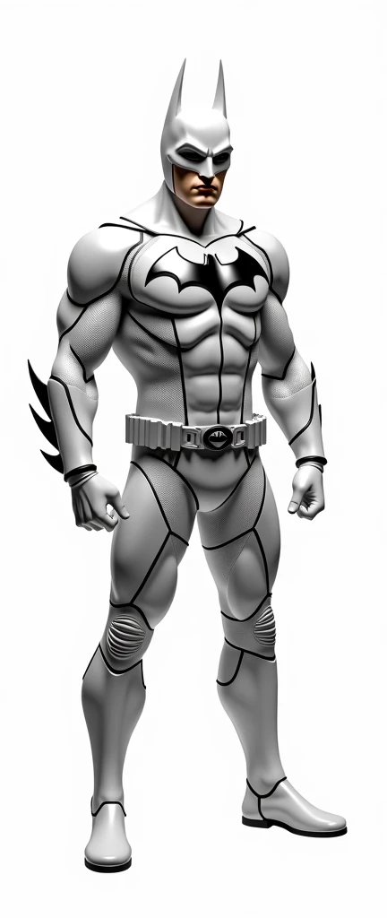 A handsome hunky slender black hair pale skin male hero wearing leather white and silver honeycomb textured tight fit leather spandex costume. White gloves and belt and boots.. hero suit with silver  stylized batman logo symbol on his chest, special styliz...