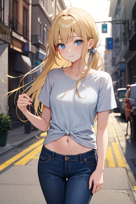 Young girl. blond hair, long hair, the hair is tied at the back with a white ribbon , blue eyes,  grey t-shirt , loose light-colored blue straight-cut jeans,  is walking down a spacious street in town ,  small hips , small pelvis , day, the sun illuminates...