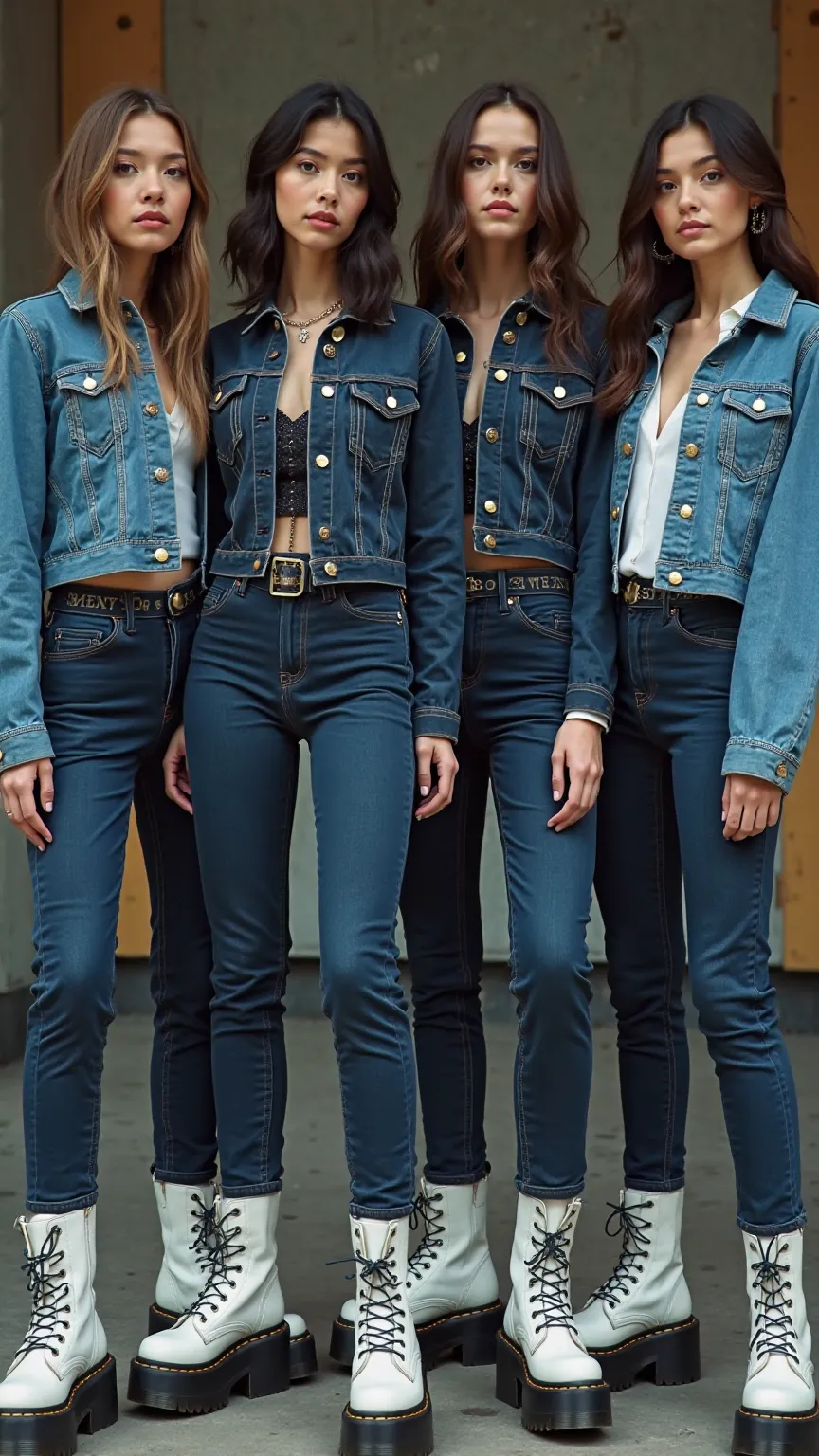 4 girls in white Dr Martens platforms, super high waisted dark blue skinny jeans with buttons, 6 button blue denim jacket