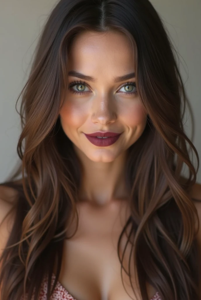 A gorgeous dark brown hair girl with beautiful green eyes who is Italian and American she has a straight long hair she is wearing minimalistic makeup but she has burgundy lipstick on her lips and she is really gorgeous she is smiling and her her eyebrows a...