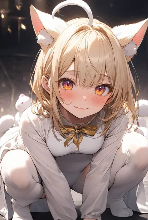 Ultra Low Angle Perspective, Cat ears,  1 girl crouching , Age 27,  glamorous, 白色のCat ears 白色の猫の尻尾 白髪 ショートヘア ウェーブがかかった髪 金色の瞳, White bunny suit ,   White Bunny Girl  , embarrassed face, high image quality, 